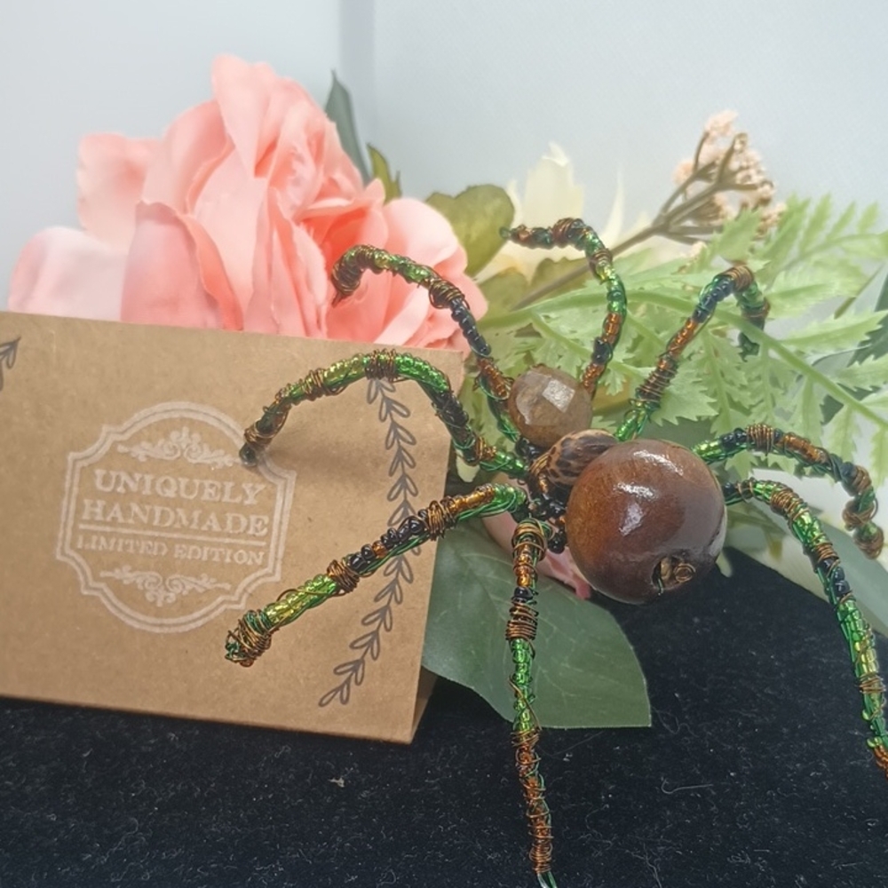Hand Crafted Green and Brown Spider Sculpture